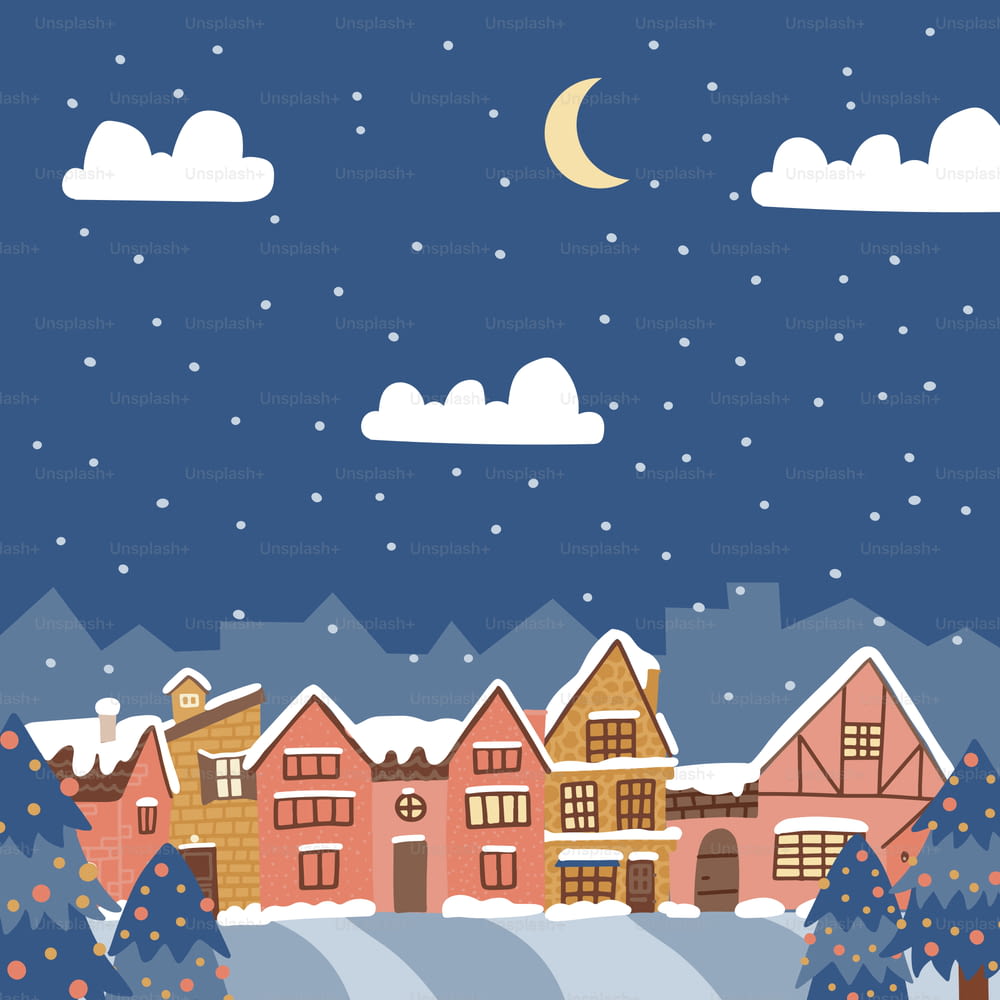 Merry christmas and a happy new year countryside background. Winter landscape in the city. Old cozy snow-covered town at ebvening. Flat design vector illustration