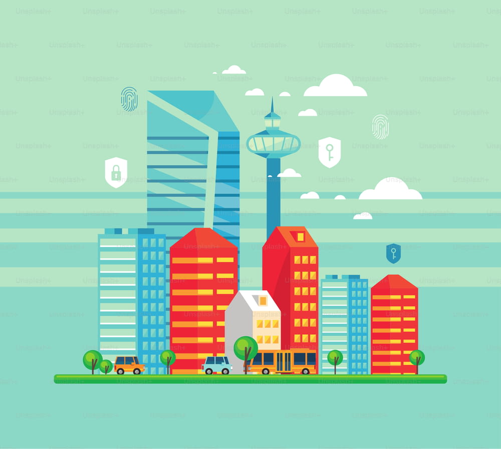 smart city scene with security items
