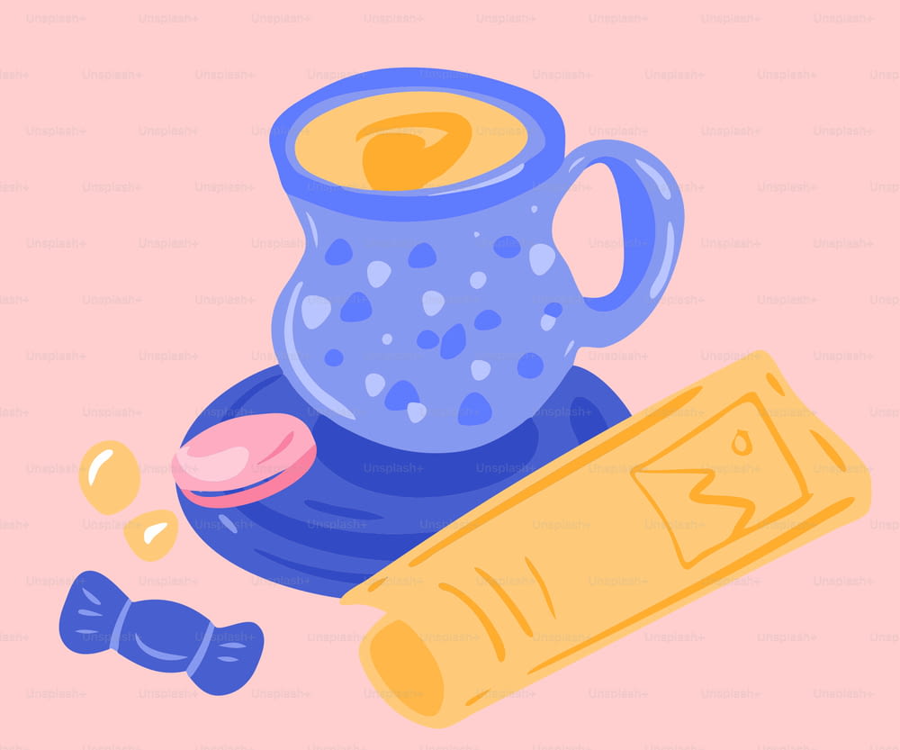 a drawing of a cup of coffee and a roll of candy