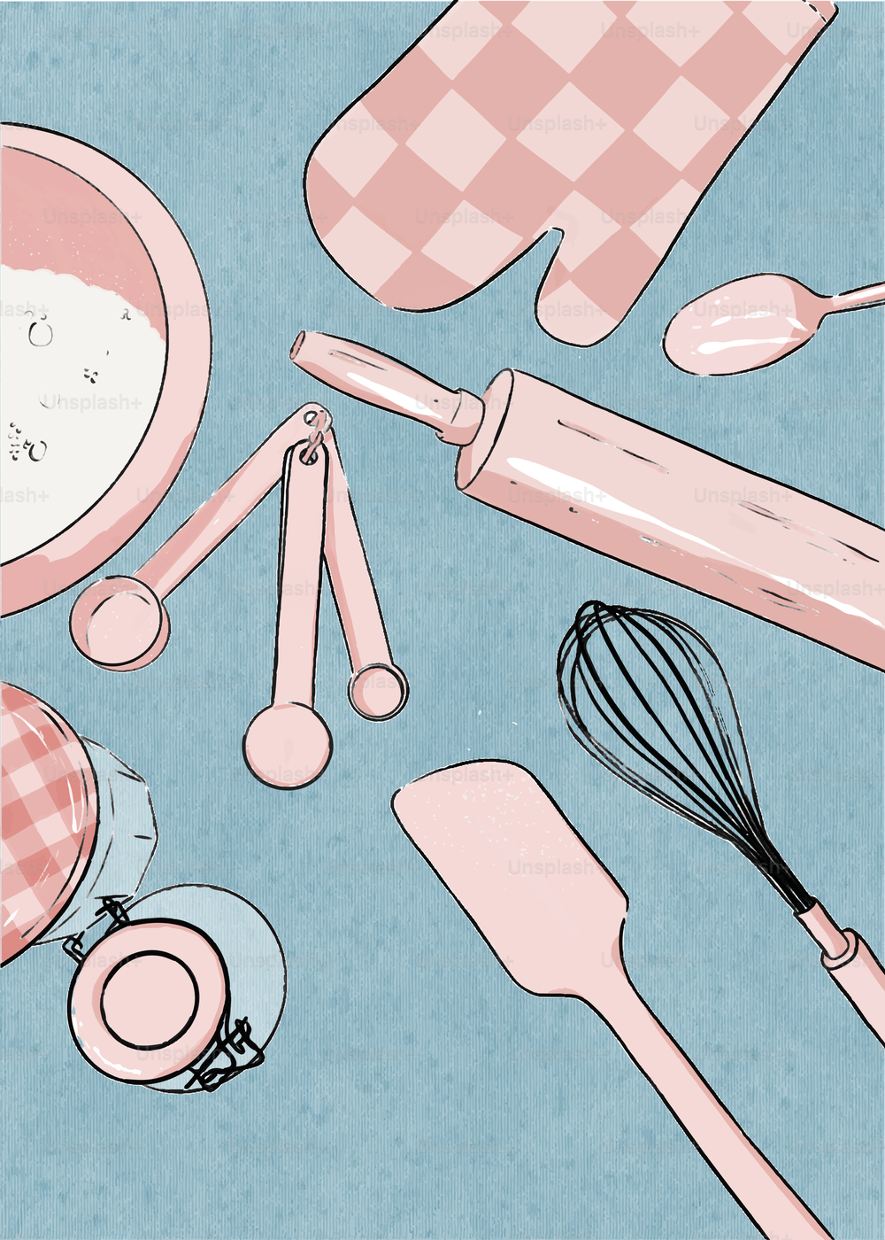 a drawing of kitchen utensils and other kitchen items